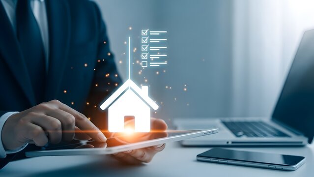 Businessman analyzing real estate market data on tablet with house icon