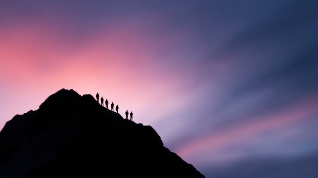 silhouette of team standing on mountain peak, leadership and teamwork concept, dramatic sunrise or sunset background - Powered by Adobe