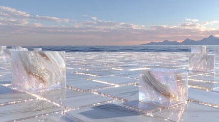 Abstract Ice Cubes on a Grid with Mountain Horizon.