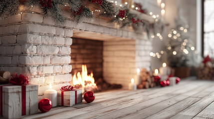 Warm fireplace glowing with colorful decorations and holiday gifts nearby. Cozy setting creates festive atmosphere for Christmas celebrations. Concept of interior design, holiday decor, celebration