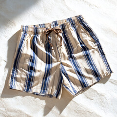 Stylish beige and navy blue striped swim trunks with a drawstring waist, perfect for a summer beach vacation or poolside relaxation