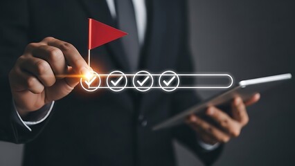 A person in a suit checks items off a virtual checklist on a digital interface with a red flag marker