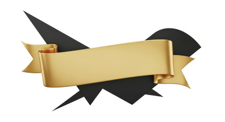 Luxurious 3D golden ribbon banner floating over a modern black abstract shape, offering elegant copy space for titles and announcements
