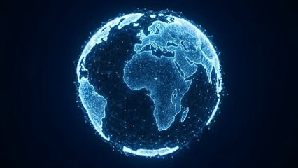 Digital earth globe hologram with glowing dots on a dark background