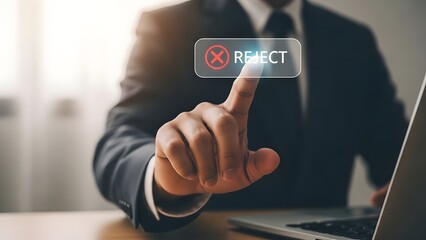 Businessman pressing reject button on virtual screen declining offer concept