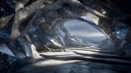 Crystal cave entrance with starry sky background.