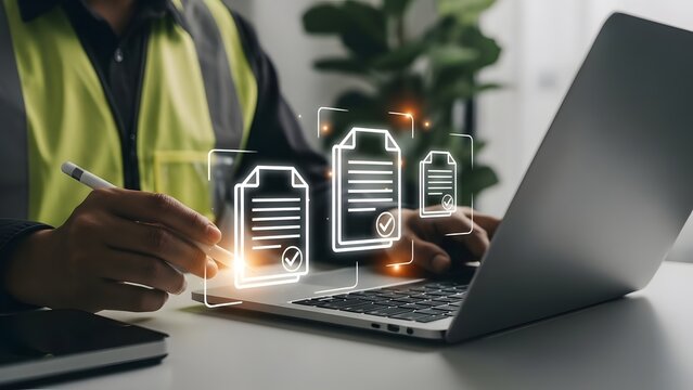 Construction worker using laptop with digital document icons for project management