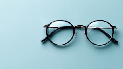 Fototapeta premium round black glasses, top view, pastel blue backdrop, minimalistic and stylish presentation