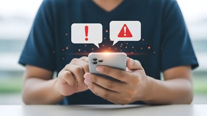 Man using smartphone with warning and alert notification icons popping up