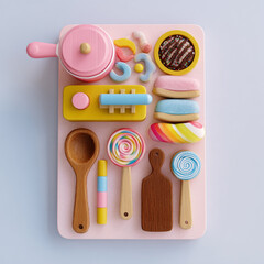 Overhead view of a collection of colorful, miniature toy kitchen accessories and sweetthemed play food items arranged neatly on a pink tray