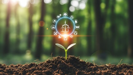 New plant growing with lightbulb and icons representing renewable energy