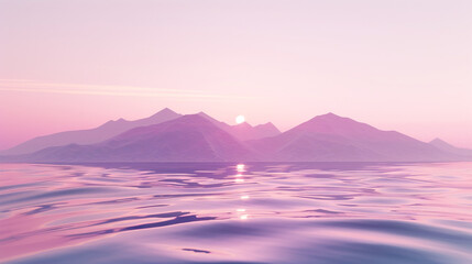 Serene pink and purple mountain range silhouette reflected on calm water surface during a soft sunrise or sunset