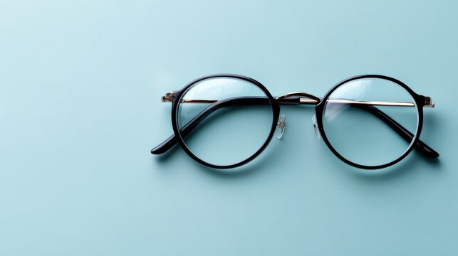 round black glasses, top view, pastel blue backdrop, minimalistic and stylish presentation