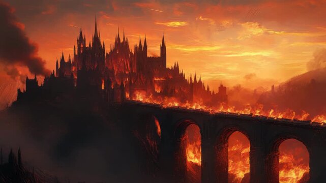 Burning medieval bridge at sunset  
