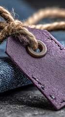 Closeup of a rustic purple fabric clothing tag attached with thick twine, resting on dark textured material, suggesting quality apparel