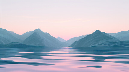Serene mountain range reflected in calm water during a soft pink and blue twilight, creating a tranquil landscape vista