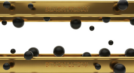 Gleaming golden bars and shimmering dark spheres create a captivating abstract backdrop, embodying the essence of a premium retail event and special promotional offers