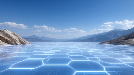 Futuristic Hexagonal Water Surface with Mountain Landscape.