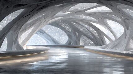 Futuristic Ice Cave Tunnel with Reflective Water.