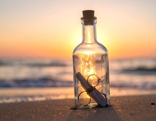 Romantic message in a bottle left on a tranquil sandy beach during a golden sunset