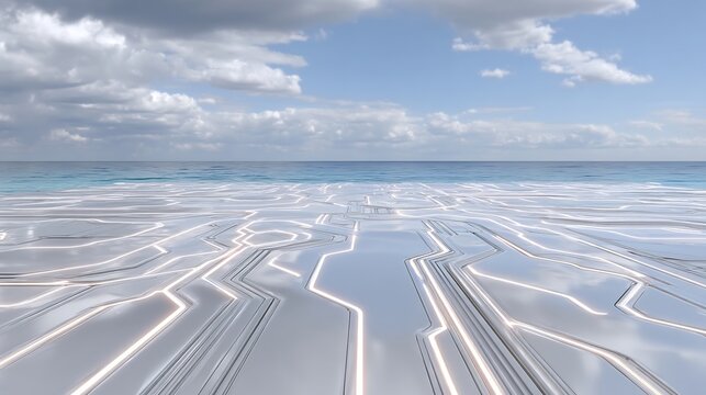 Futuristic Digital Beach Landscape with Circuit Board Patterns.