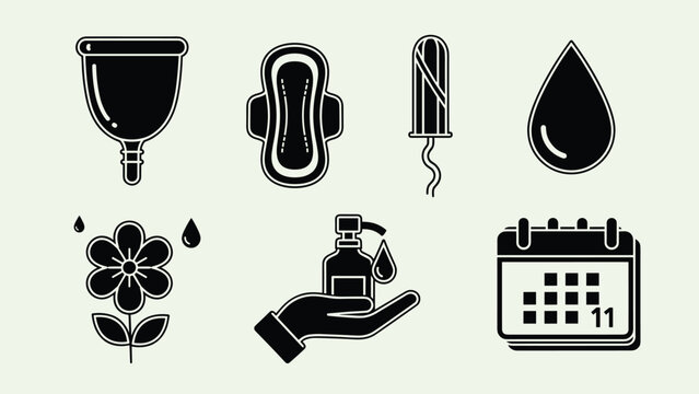 Menstrual cycle icons for feminine hygiene and period care needs showing menstrual cup pad tampon calendar and flower with water drops, Generative AI.