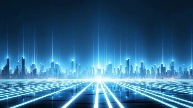 Futuristic blue cityscape illuminated by vertical light beams rising across advanced sci-fi urban skyline