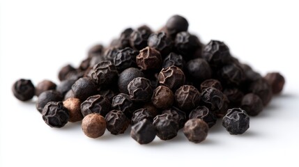 Obraz premium pile of black peppercorns, isolated on white background, detailed and natural texture