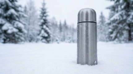 Stainless steel thermos in fresh snow in a serene winter forest, ready for a warm drink outdoors