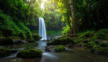 Serene waterfall cascading through a lush, green forest scene with mossy rocks and flowing water in a tranquil environment