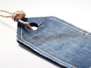 Closeup of a blue denim clothing tag with contrast stitching and attached to a rustic twine loop, isolated on white background