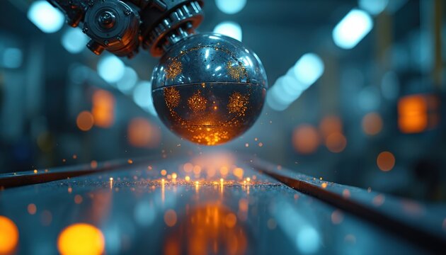 Robotic arm checks metal sphere quality on production line. System inspects automation process. Modern factory with sphere under observation. Manufacturing, tech innovation, robotic future with