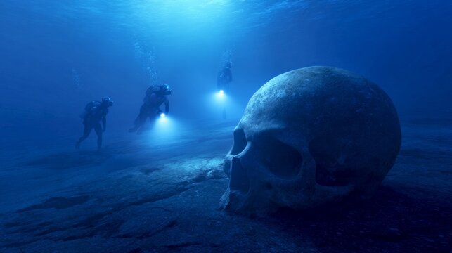 Exploring the depths of the ocean reveals mysterious sights. Scuba divers navigate through dark waters. A skull rests on the ocean floor, hinting at lost stories and ancient secrets. AI