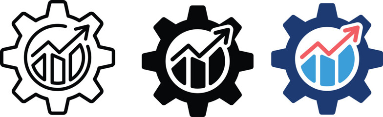 Gear and rising bar chart with an upward arrow signifying growth and progress in business campaign