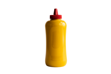 Yellow mustard squeeze bottle with red cap isolated on transparent background