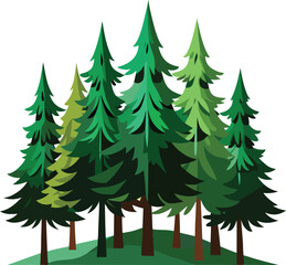 Alpine Pine Forest Silhouette on White Background