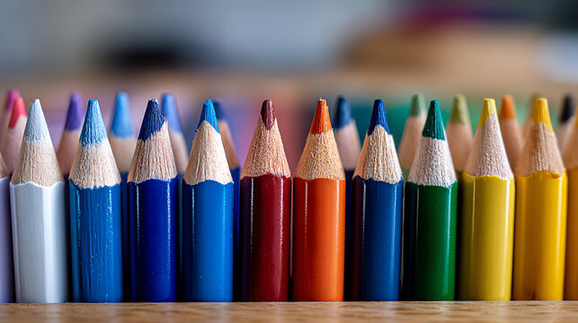 Macro Close-Up Of Sharpened Colorful Pencil Tips Row