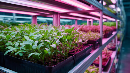 Close-Up Of Seedlings Growing Under Specialized Led Lights In Trays