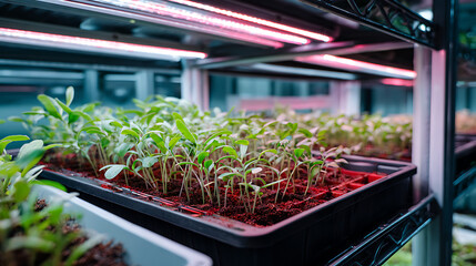 Close-Up Of Seedlings Growing Under Specialized Led Lights In Trays