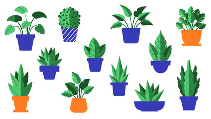 Diverse flat vector set of potted green plants and houseplants in colorful pots for botanical themes and interior decor projects