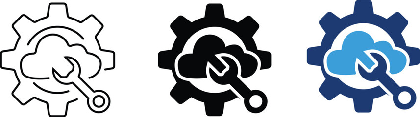 Gear wheel with simplified cloud represents mechanics and settings cloud digital storage