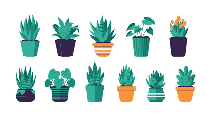 Vibrant vector set of stylized potted houseplants and succulents, perfect for refreshing modern home and office interior decor