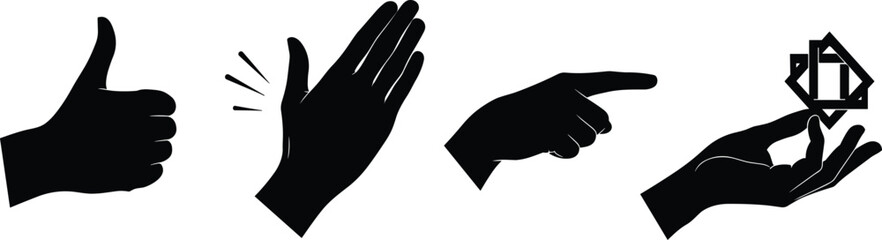 Silhouettes of four hand gestures including thumbs-up, clapping, pointing, and offering, black and white illustration, communication and symbolic action theme