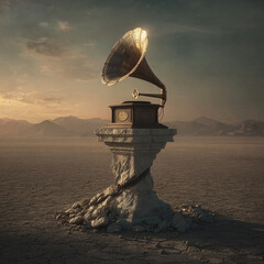 An antique gramophone sits atop a crumbling stone pedestal in a desolate, cracked desert landscape under a dramatic sky