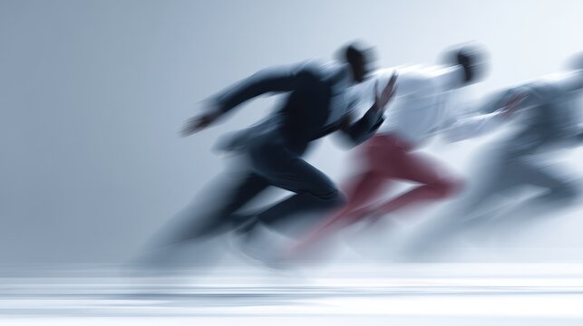 businessmen sprinting in a race, leader emerging first, abstract concept of success, competition, and high achievement