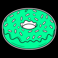 Frosted Green Donut with sprinkles simple isolated black background drawing icon logo video-game asset 