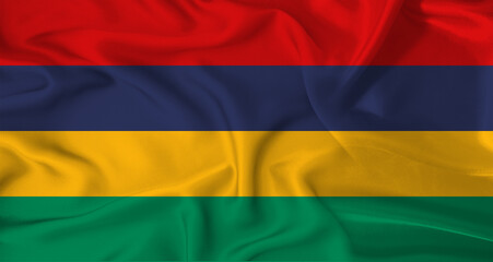 Realistic Mauritius flag waving. Close up of flag of Mauritius with cloth texture