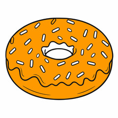 Frosted orange golden Donut with sprinkles simple isolated white background drawing icon logo video-game asset