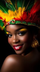 Naklejka premium Beautiful woman is smiling while wearing colorful feathered headdress and gold earrings against a dark background.