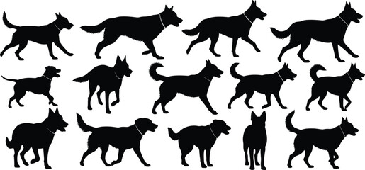Silhouettes of fourteen dogs in varied poses and sizes, black and white illustration, canine diversity and motion theme